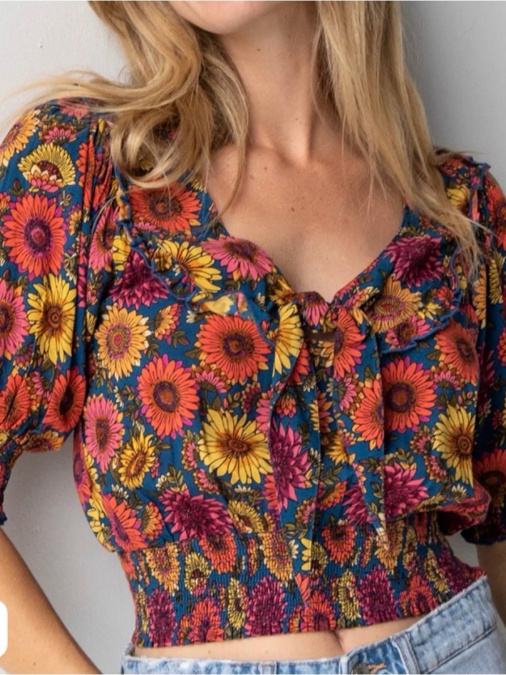 Floral Tie-Front Crop Top - Teal with Multi-Color Sunflower Print